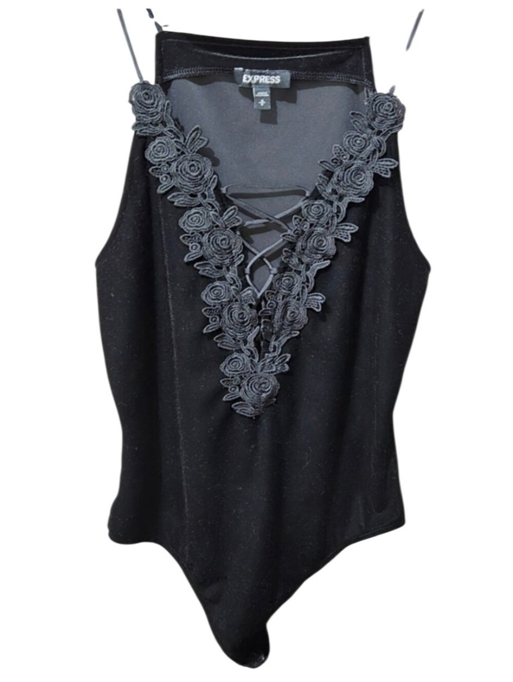 Express Black Lace Applique Lace-Up Front Sleeveless Bodysuit SP